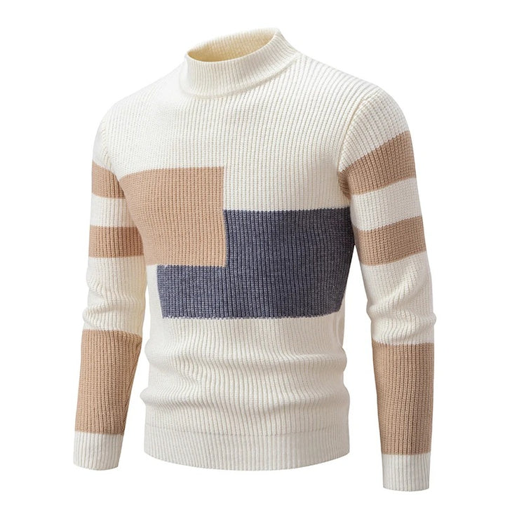 Levoire | Manches Longues Col Rond Motif À Blocs Pull En Tricot Blanc-Kaki-Gris