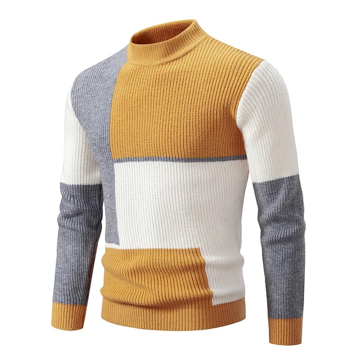Levoire | Manches Longues Col Rond Motif À Blocs Pull En Tricot Jaune-Gris-Blanc