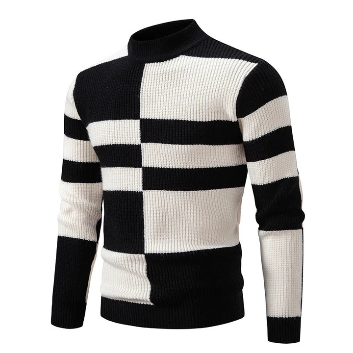 Levoire | Manches Longues Col Rond Motif À Blocs Pull En Tricot Noir-blanc