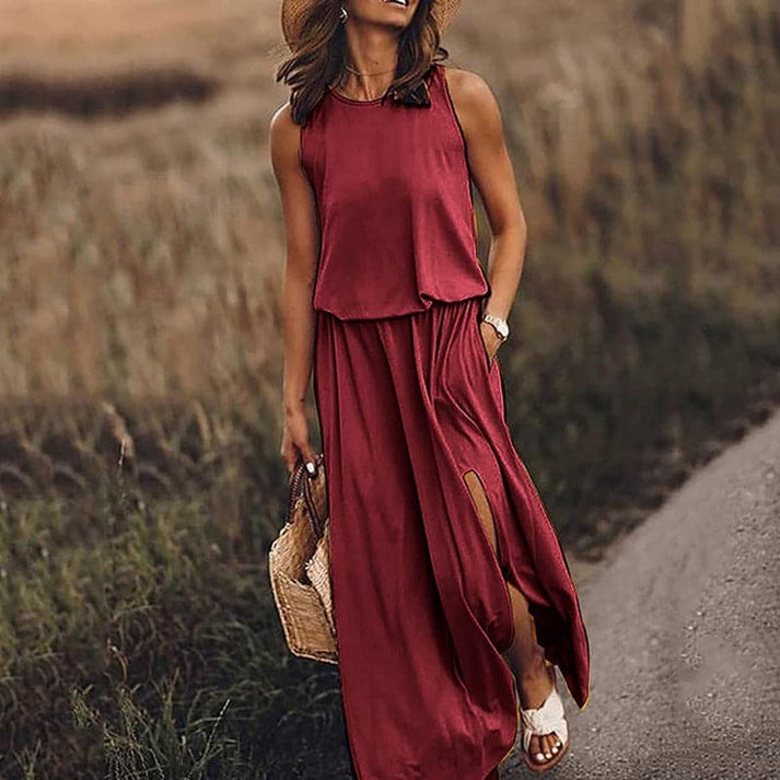 Levoire | Élégante Robe Boho Longue Avec Taille Élastique Bordeaux