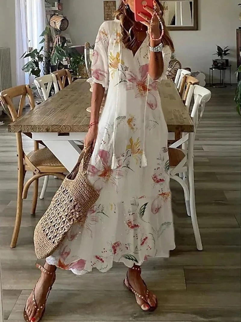 Levoire | Robe Maxi Boho À Fleurs Pour Femmes Beige