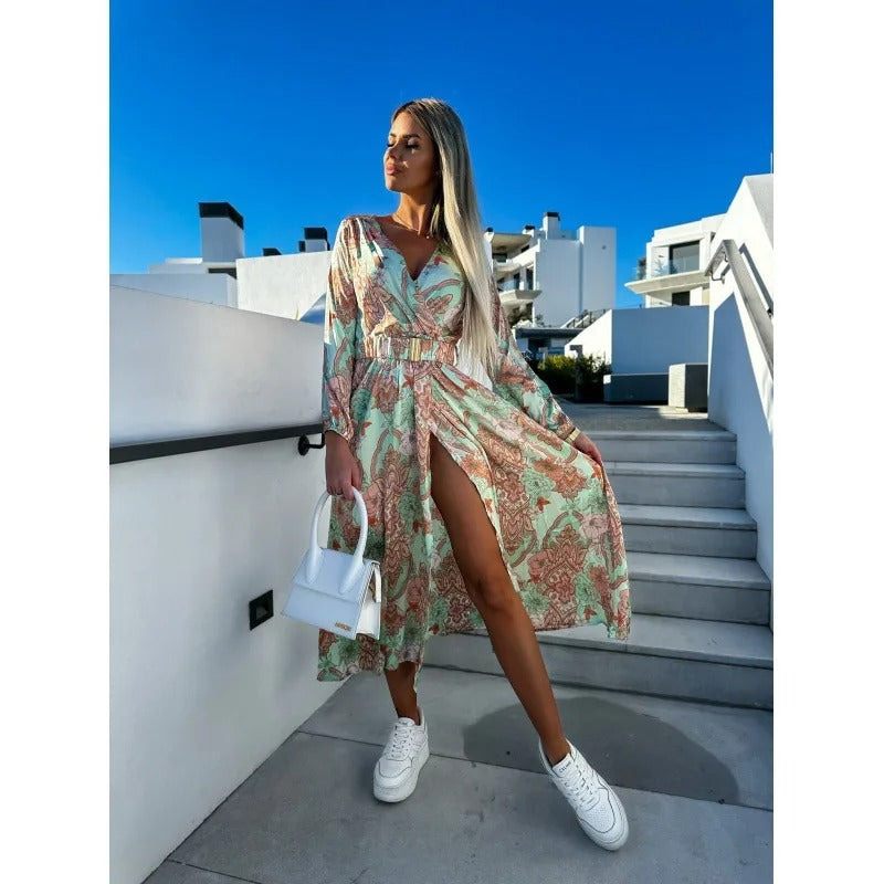 Levoire | Robe D'Été Avec Décolleté En V Et Fente Graphique Sur Le Côté Vert brun