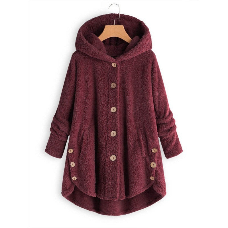 Levoire | Veste En Fleece Chaude Et Confortable À Mi-Longue Avec Capuche Rouge vin