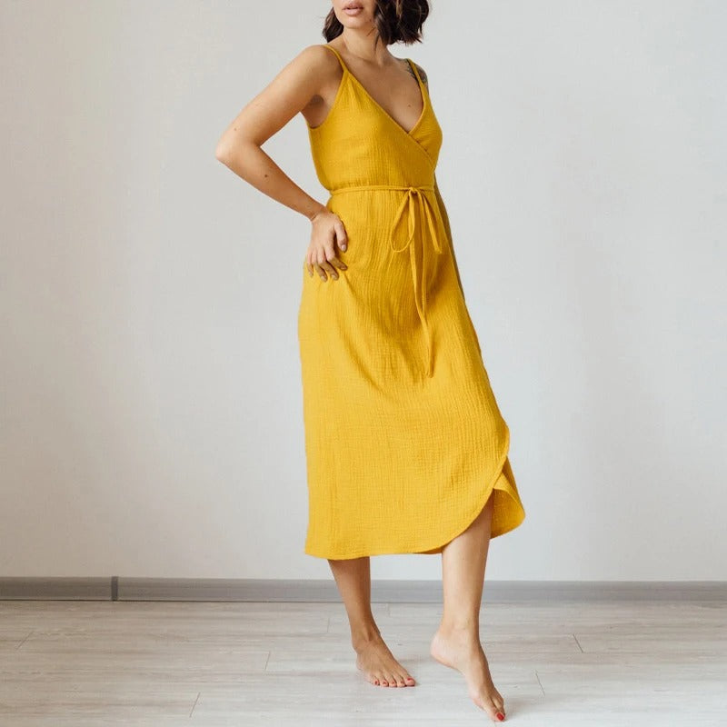 Levoire | Robe D'Été Sans Manches À Encolure V En Crêpe De Coton Jaune
