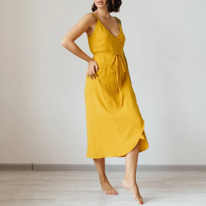 Levoire | Robe D'Été Sans Manches À Encolure V En Crêpe De Coton Jaune