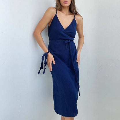 Levoire | Robe D'Été Sans Manches À Encolure V En Crêpe De Coton Bleu