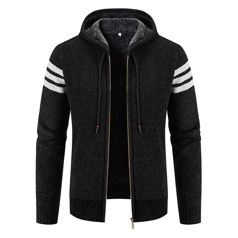 Levoire | Veste En Tricot Élégante Avec Capuche Et Doublure En Polaire Pour Hommes Noir (Rayures)