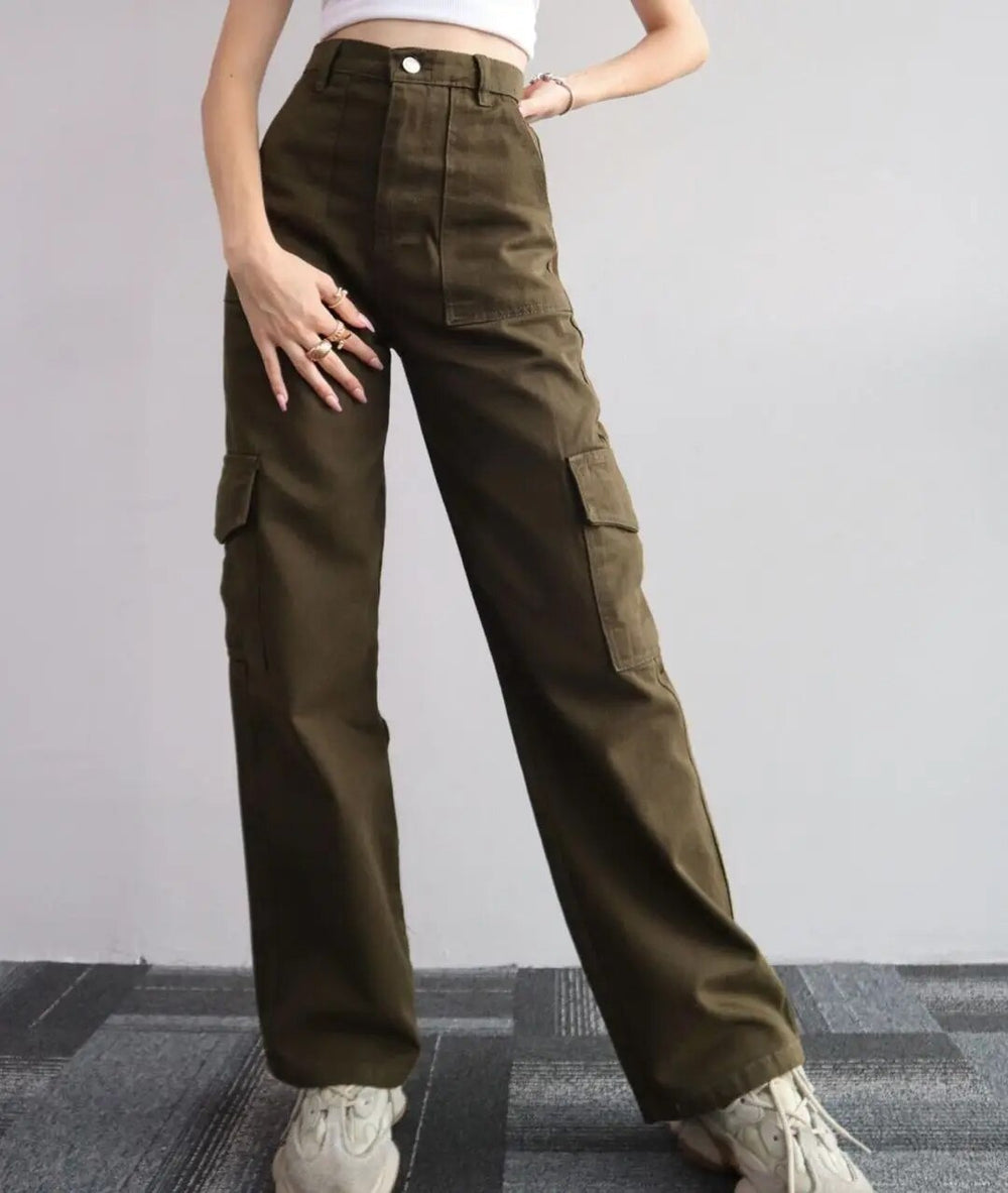 Levoire | Taille Haute Pantalons Cargo Vert olive