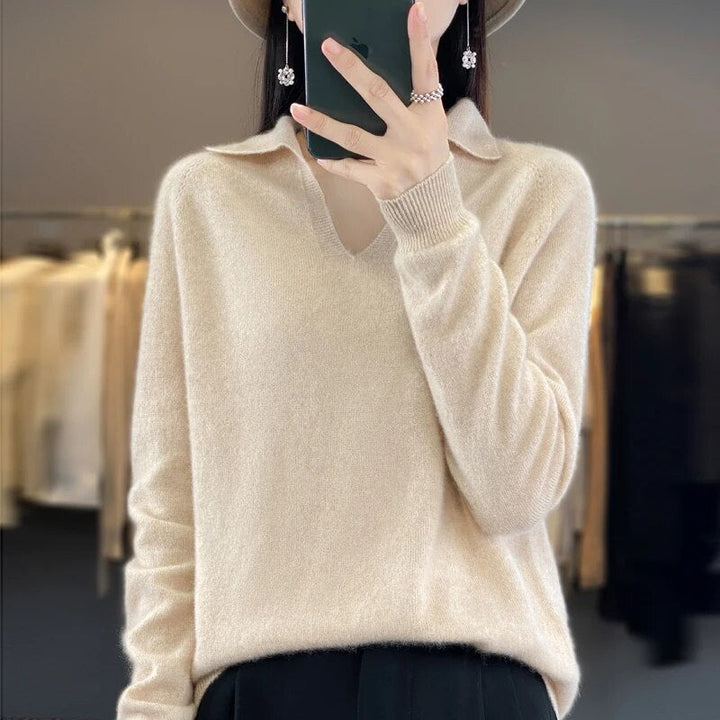 Levoire | Doux Pull Femme, Décolleté En V Avec Col Beige