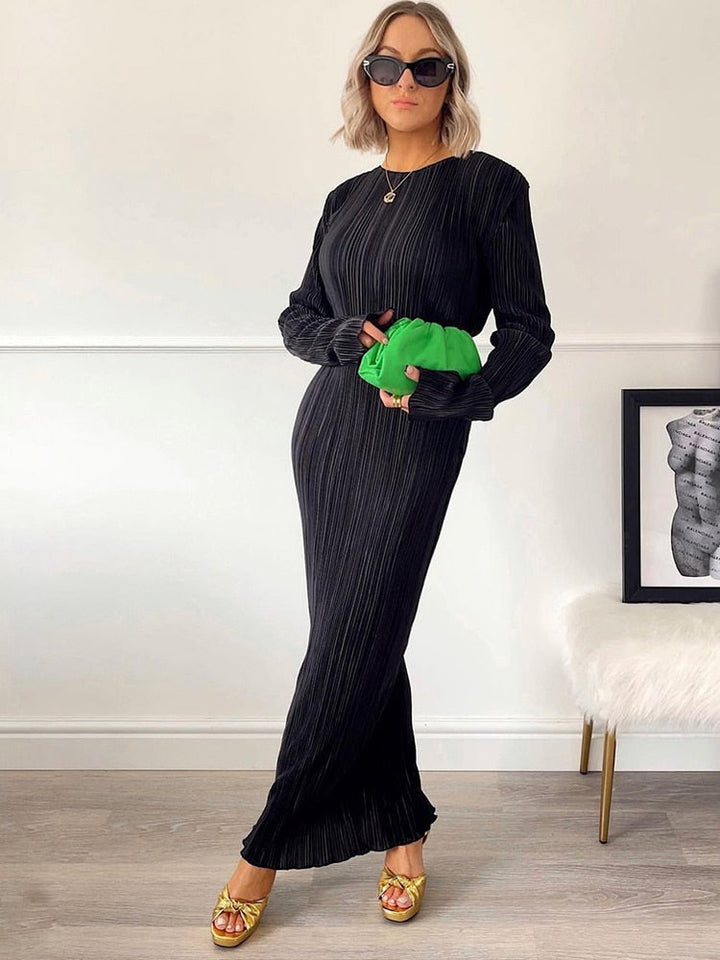 Levoire | Élégant Robe Maxi À Manches Longues Uni Col O Découpé Rippé Noir