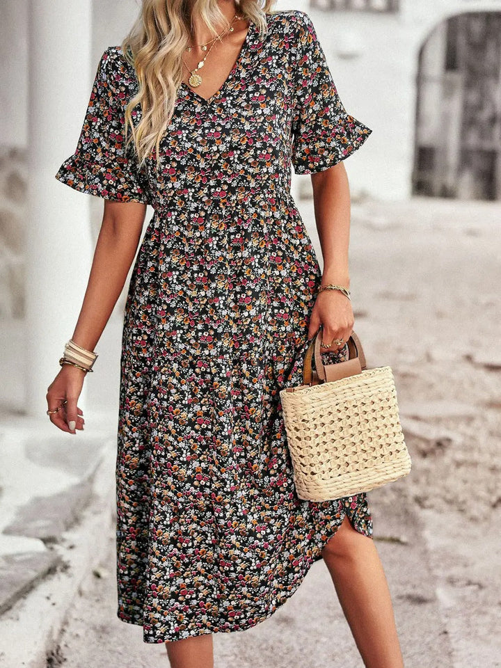 Levoire | Robe D'Été Décontractée Élégante Avec Taille Haute, Motif Floral Et Décolleté En V Noir
