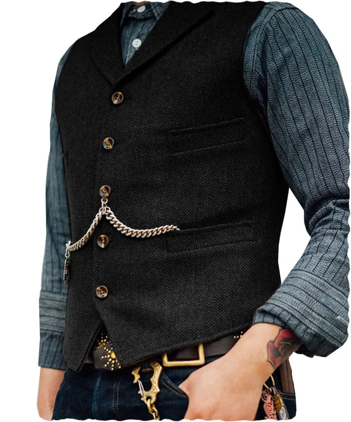 Levoire | Style Western Élégant Gilet Sans Manches En Tweed Pour Hommes Avec Design De Chaînes Noir