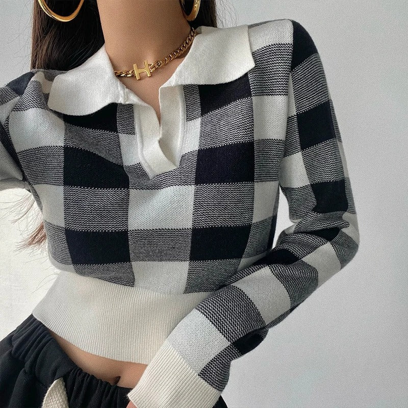 Levoire | Élégant, Tendance, Pull Polo À Carreaux Pour Femmes Avec Décolleté En V Noir Taille unique