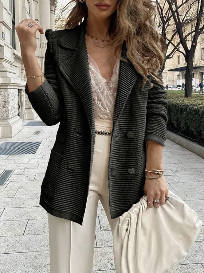 Levoire | Blazer Dame À Deux Rangées En Matériau À Côtes Doux Noir