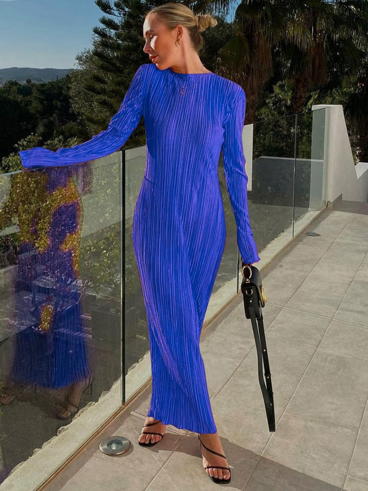 Levoire | Élégant Robe Maxi À Manches Longues Uni Col O Découpé Rippé Bleu