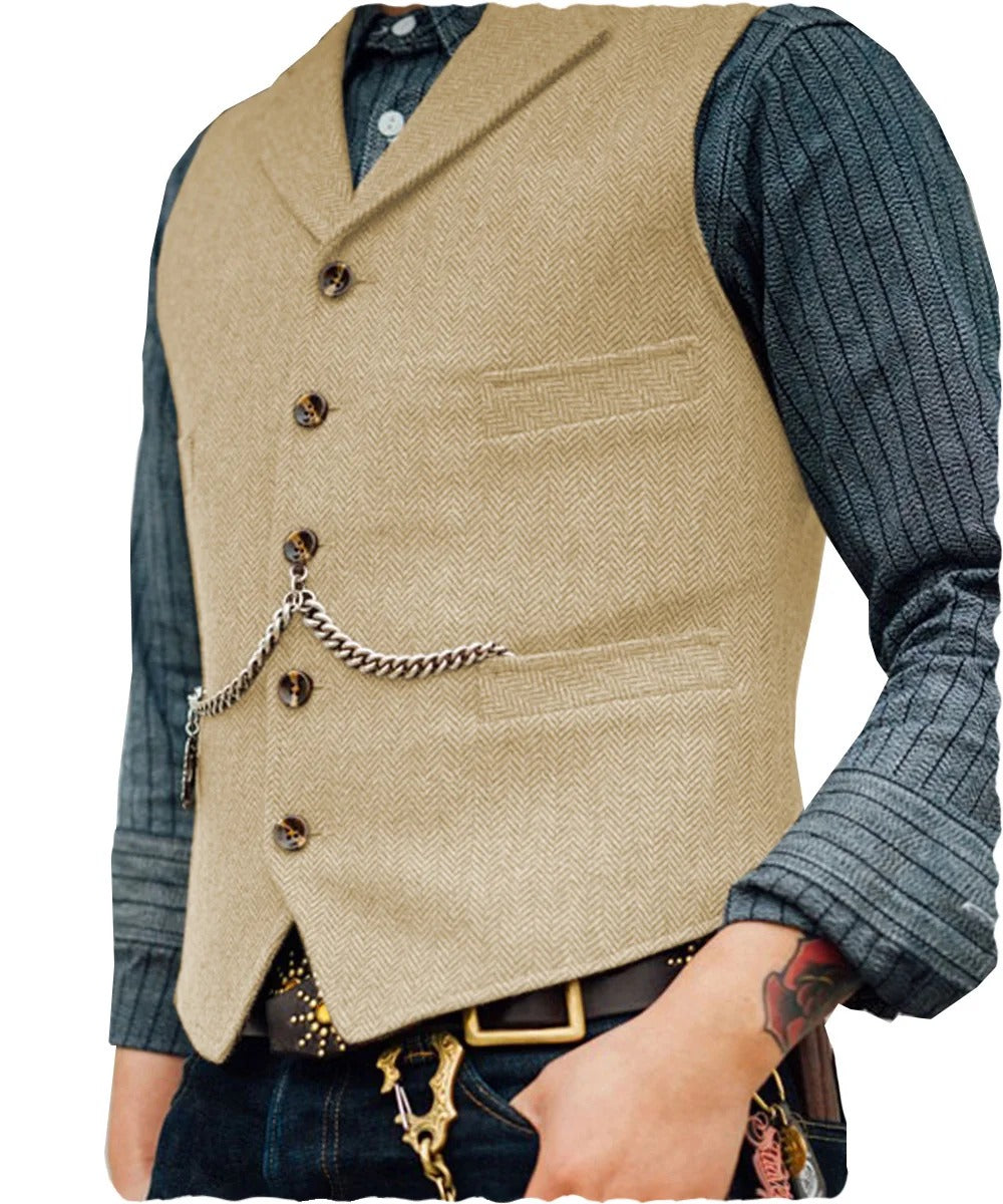 Levoire | Style Western Élégant Gilet Sans Manches En Tweed Pour Hommes Avec Design De Chaînes Champagne