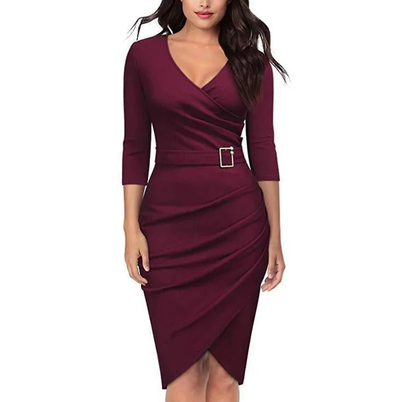 Levoire | Robe Élégante Avec Décolleté En V, Taille Haute, Ceinture Et Manches 3/4 Pour Femmes, Adaptée Pour Le Bureau Ou Les Fêtes Bordeaux