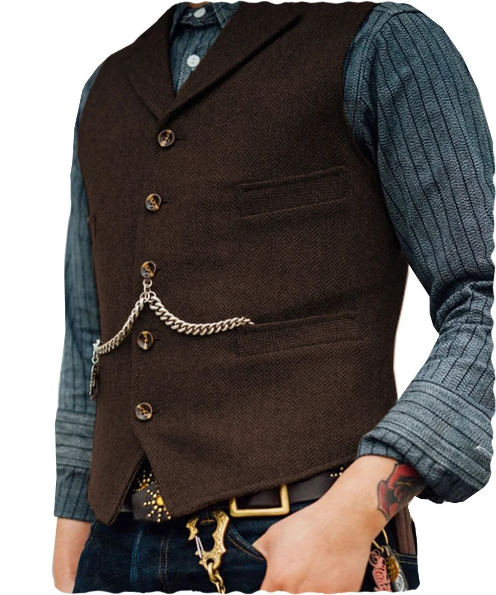 Levoire | Style Western Élégant Gilet Sans Manches En Tweed Pour Hommes Avec Design De Chaînes Café