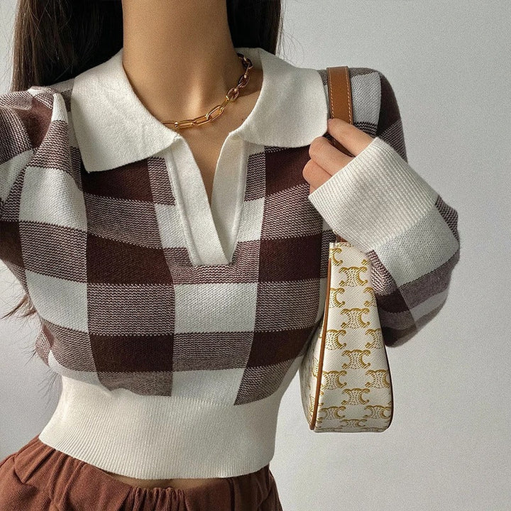 Levoire | Élégant, Tendance, Pull Polo À Carreaux Pour Femmes Avec Décolleté En V Café Taille unique