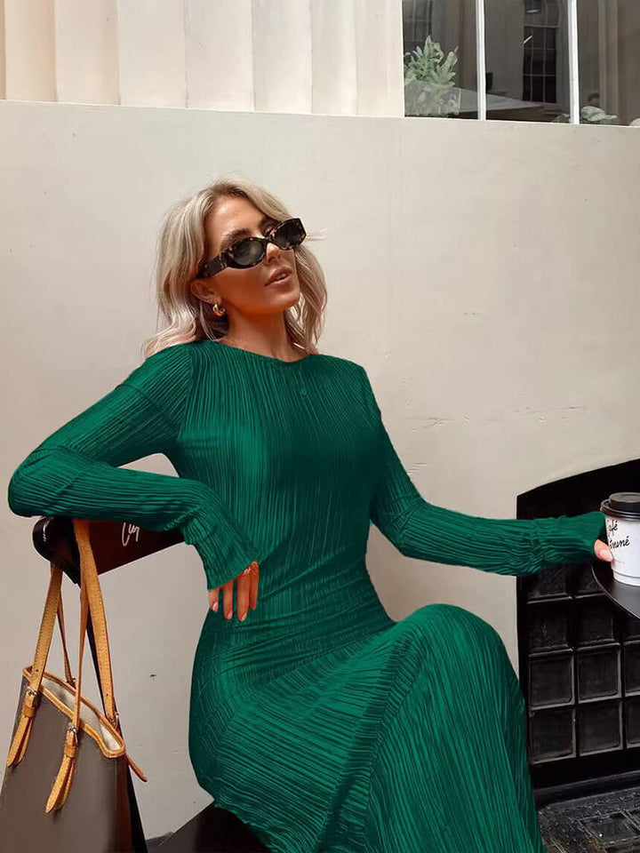 Levoire | Élégant Robe Maxi À Manches Longues Uni Col O Découpé Rippé Vert foncé