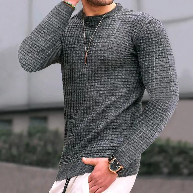Levoire | Pull Décontracté À Carreaux Élégant Avec Col Rond Pour Hommes, Musclefit Gris foncé