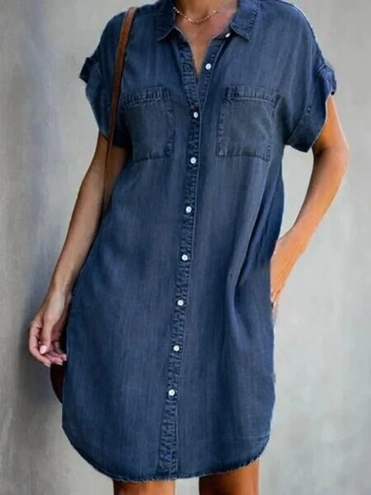 Levoire | Robe Mi En Denim/Jeans Élégante, Robe En Jeans Pour Femmes Avec Fermeture À Boutons Et Col Bleu Profond