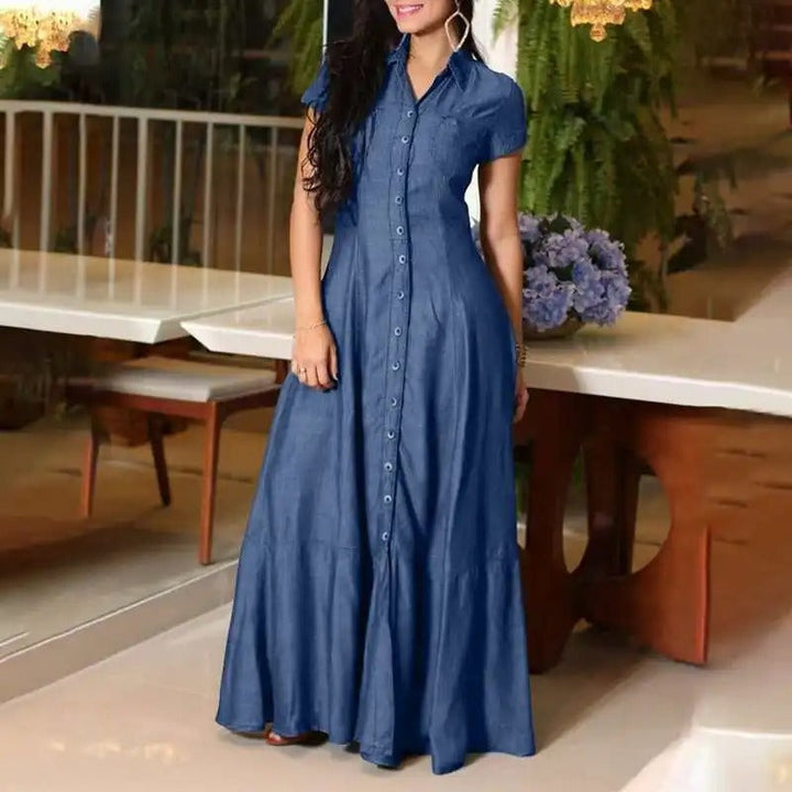 Levoire | Robe Maxi En Look Denim Élégante Avec Boutons Et Col Revers Pour Femmes Bleu foncé