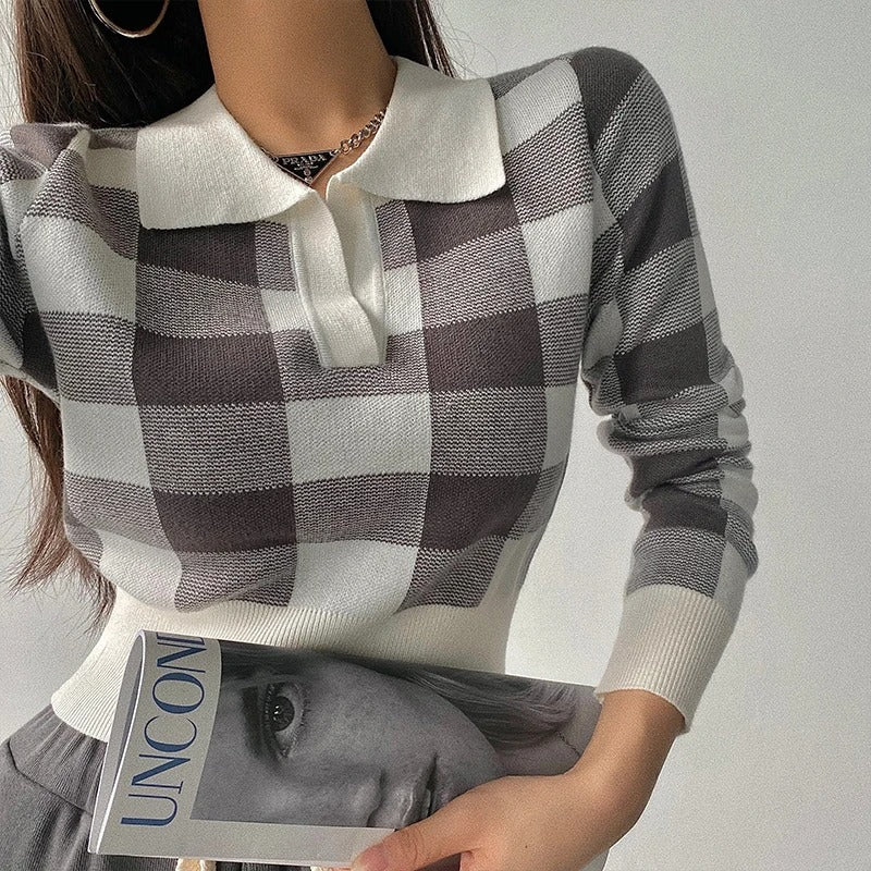 Levoire | Élégant, Tendance, Pull Polo À Carreaux Pour Femmes Avec Décolleté En V Gris Taille unique