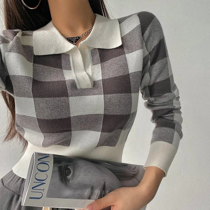 Levoire | Élégant, Tendance, Pull Polo À Carreaux Pour Femmes Avec Décolleté En V Gris Taille unique
