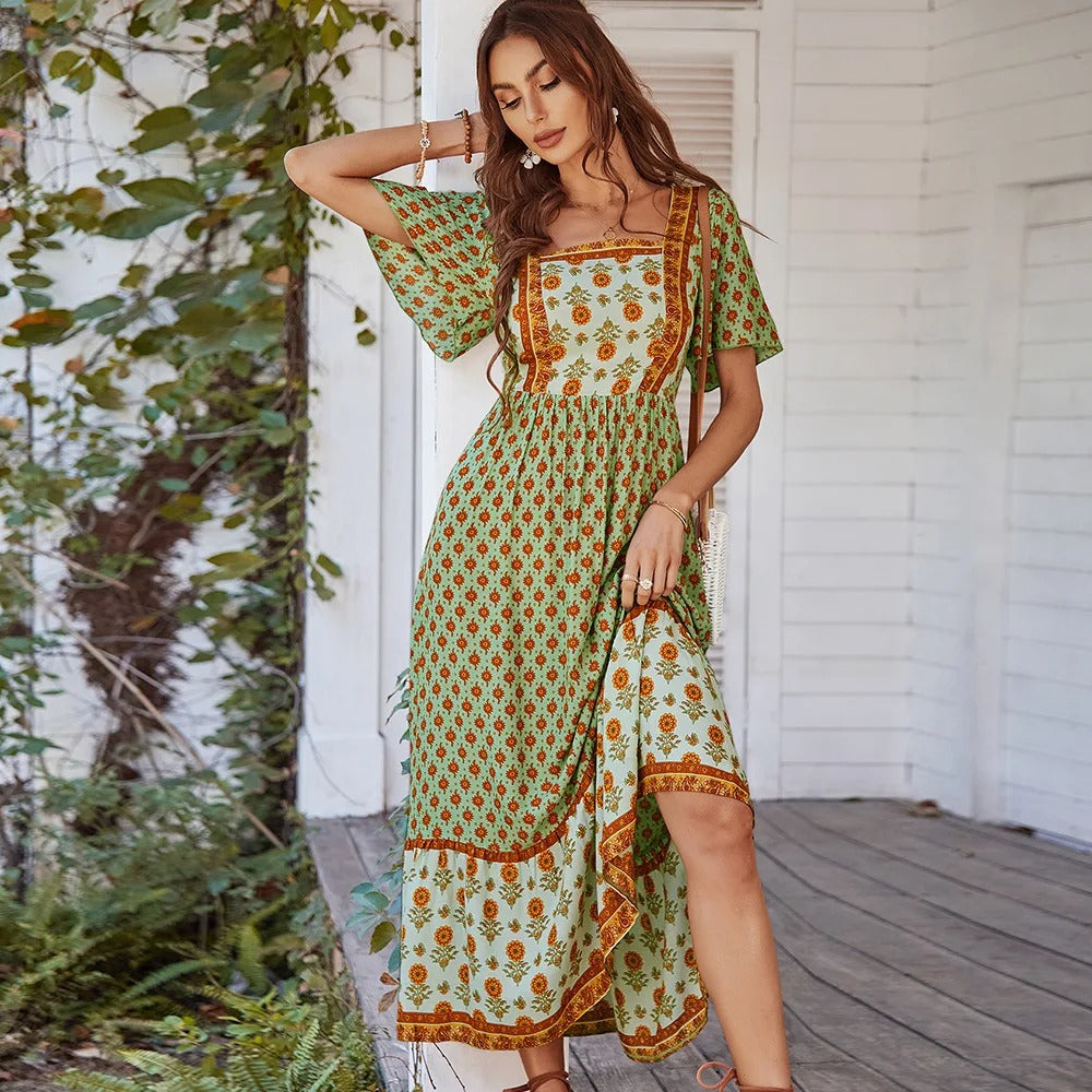 Levoire | Robe Bohème Vintage Florale Longue Élégante Avec Décolleté Carré Vert