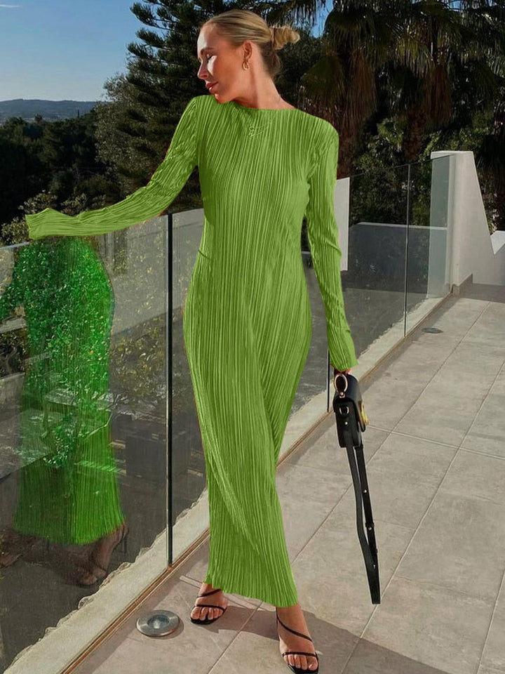 Levoire | Élégant Robe Maxi À Manches Longues Uni Col O Découpé Rippé Vert