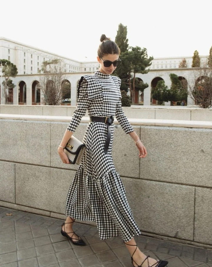 Levoire | Robe Maxi De Vendange Stylée Avec Motif À Carreaux Et Manches Longues Blanc Noir