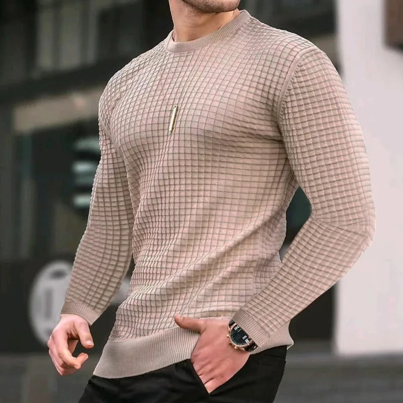 Levoire | Pull Décontracté À Carreaux Élégant Avec Col Rond Pour Hommes, Musclefit Khaki
