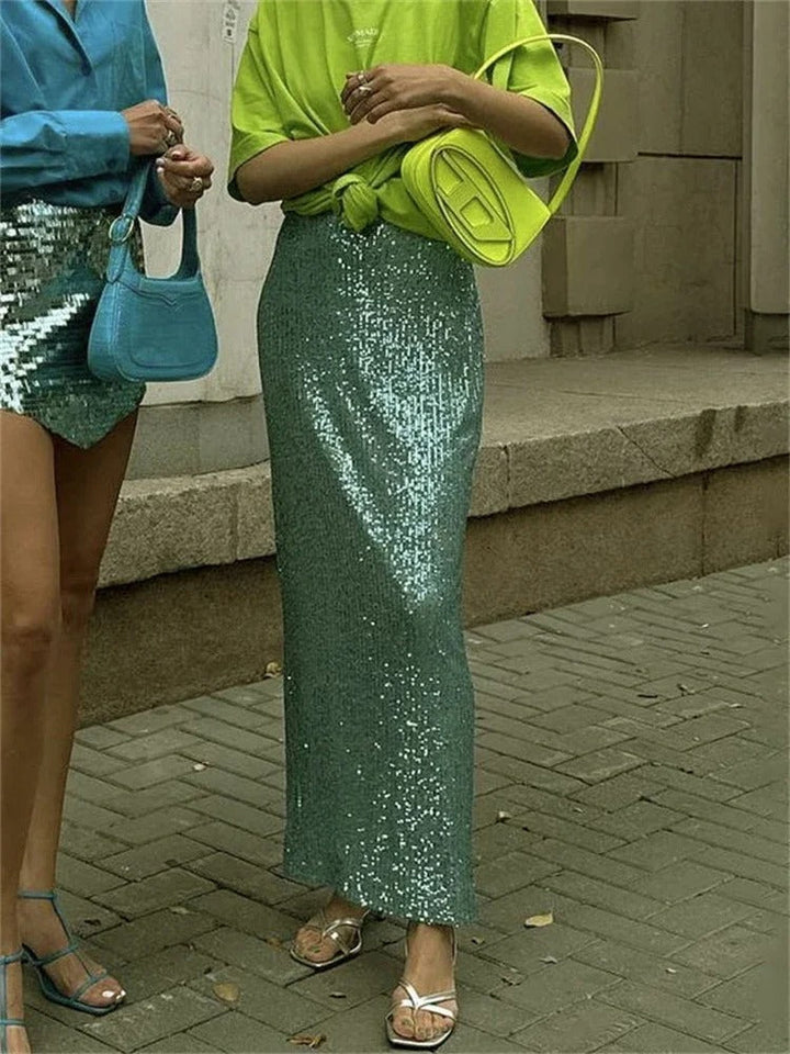 Levoire | Jupe Tailleur Haute Tendance Longue Avec Paillettes Et Sequins Pour Femmes Vert