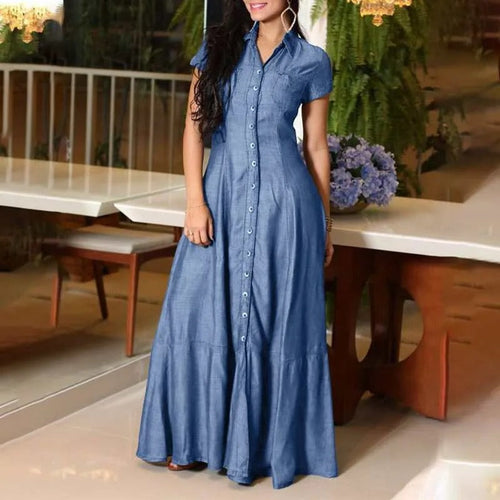 Levoire | Robe Maxi En Look Denim Élégante Avec Boutons Et Col Revers Pour Femmes