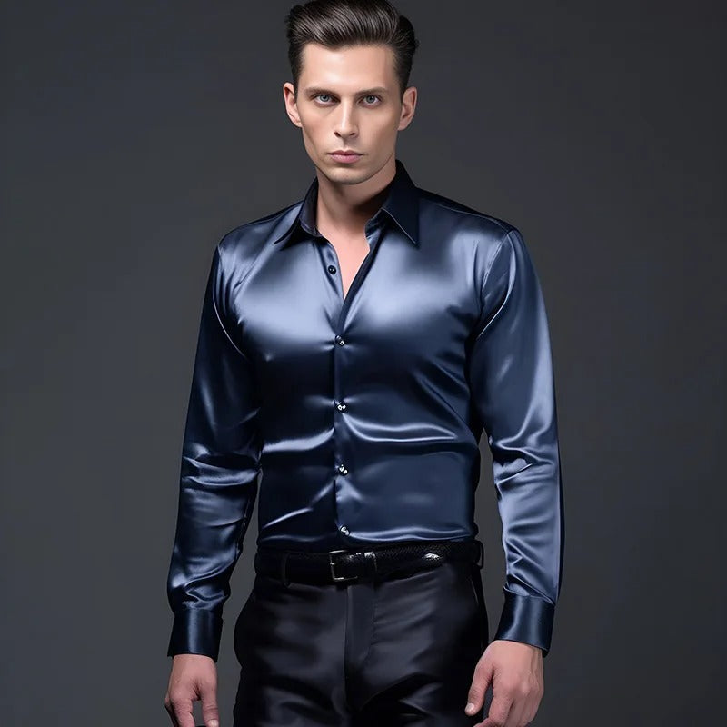 Levoire | Chemise En Satin Luxe Hommes Bleu