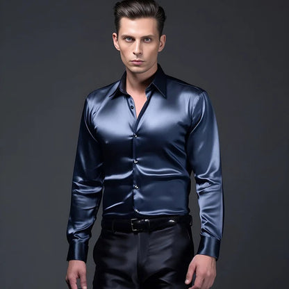 Levoire | Chemise En Satin Luxe Hommes Bleu