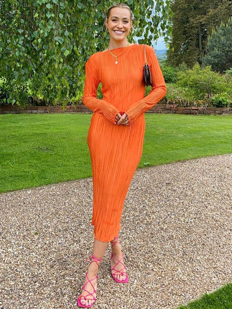 Levoire | Élégant Robe Maxi À Manches Longues Uni Col O Découpé Rippé Orange