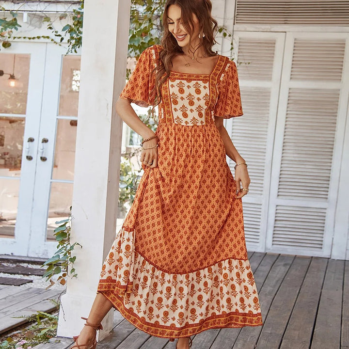 Levoire | Robe Bohème Vintage Florale Longue Élégante Avec Décolleté Carré Orange