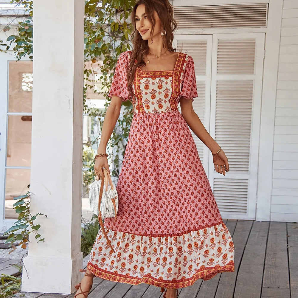 Levoire | Robe Bohème Vintage Florale Longue Élégante Avec Décolleté Carré Rosa
