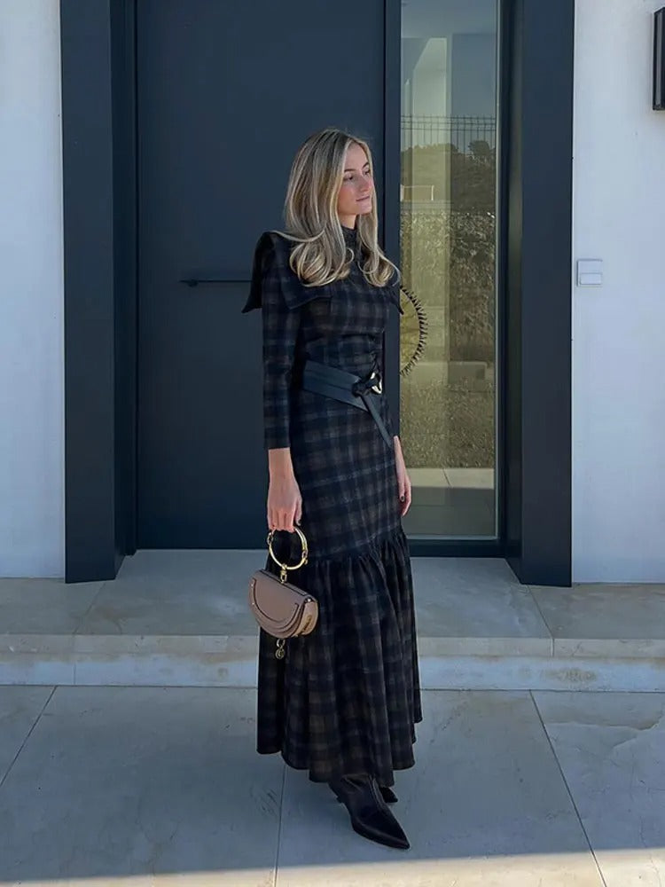 Levoire | Robe Maxi De Vendange Stylée Avec Motif À Carreaux Et Manches Longues Brun Noir