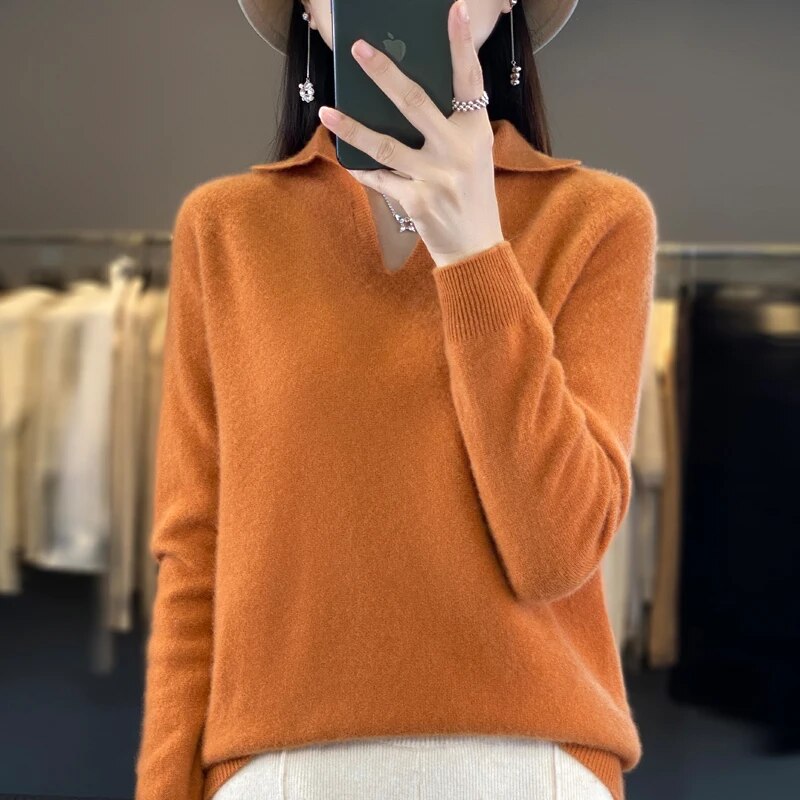 Levoire | Doux Pull Femme, Décolleté En V Avec Col Orange