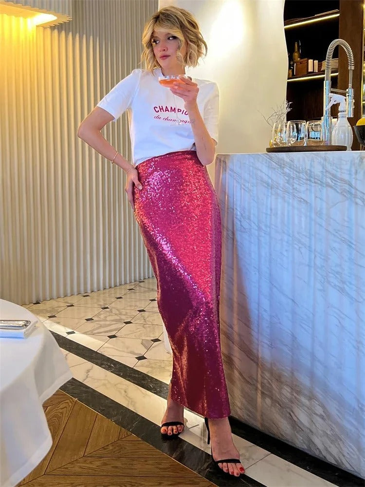 Levoire | Jupe Tailleur Haute Tendance Longue Avec Paillettes Et Sequins Pour Femmes Rosa