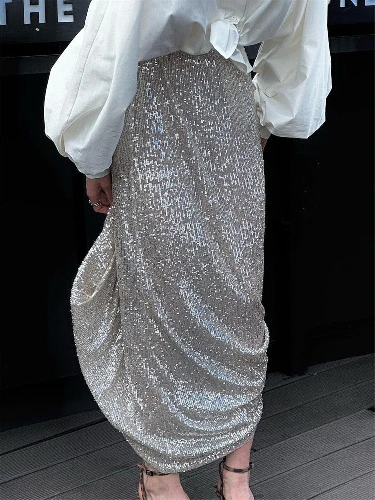 Levoire | Jupe Tailleur Haute Tendance Longue Avec Paillettes Et Sequins Pour Femmes Argent