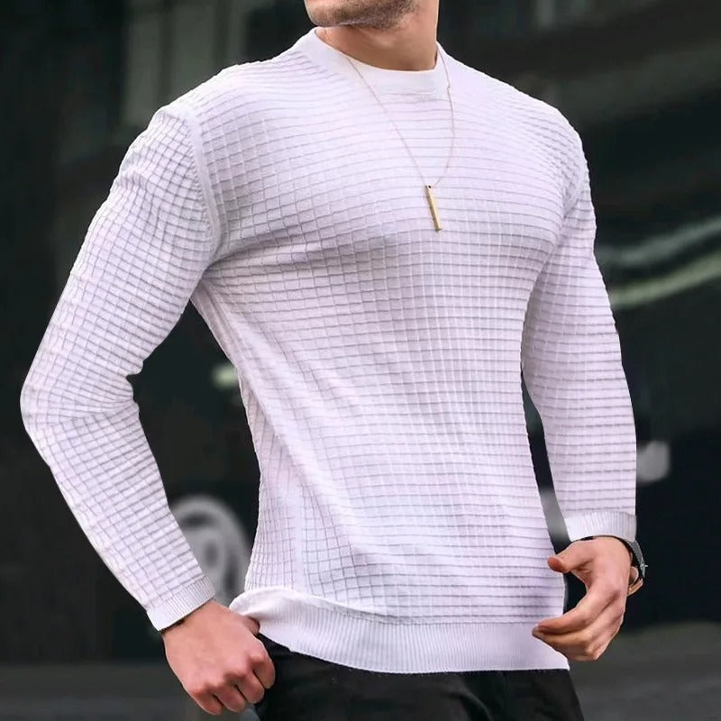 Levoire | Pull Décontracté À Carreaux Élégant Avec Col Rond Pour Hommes, Musclefit Blanc