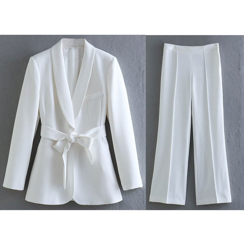 Levoire | Blazer Élegant Avec Ceinture Et Pantalon Assorti Blanc