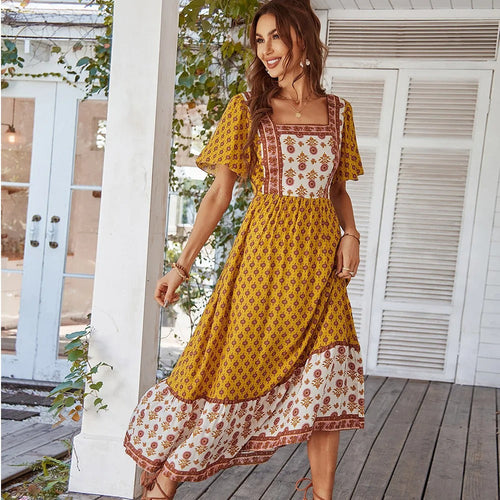 Levoire | Robe Bohème Vintage Florale Longue Élégante Avec Décolleté Carré