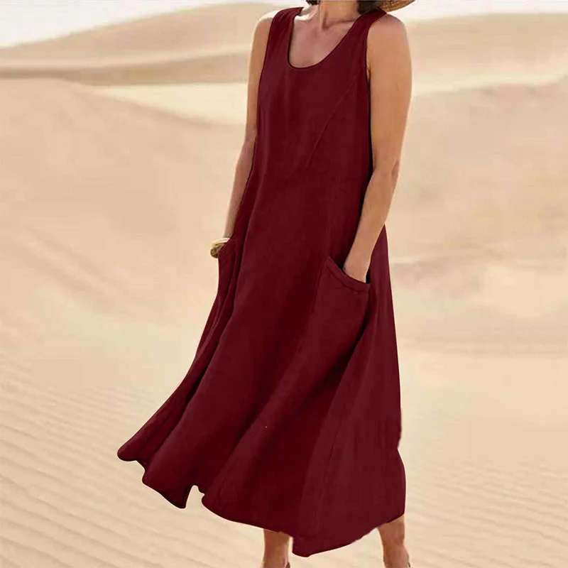 Levoire | Robe sans manches pour femmes en coton et lin, avec poche Rouge vin
