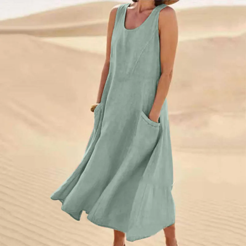 Levoire | Robe sans manches pour femmes en coton et lin, avec poche Merivesi vert
