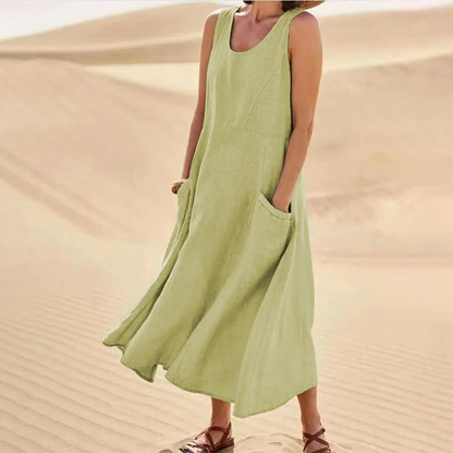 Levoire | Robe sans manches pour femmes en coton et lin, avec poche Vert clair